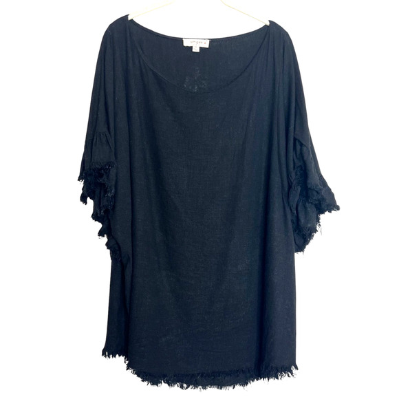Umgee Plus 2XL Black Linen Blend Tunic Top Fringe Hem Boho Peasant Blouse - Picture 1 of 6